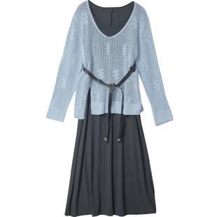 慵懒风镂空针织衫背心裙长裙两件套女2026春季新款显瘦套装潮7623