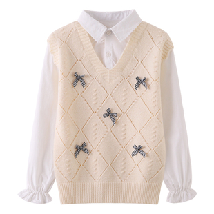 女童毛衣背心春秋2026新款儿童针织马甲假两件大童女早秋洋气上衣