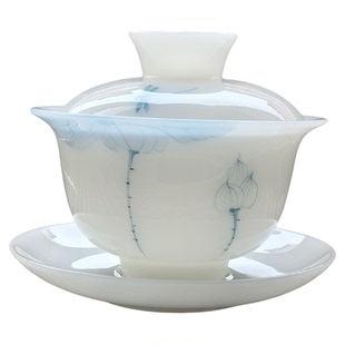 高温瓷釉下彩高档冰种璞玉手绘青花三才盖碗可悬停德化白瓷泡茶碗