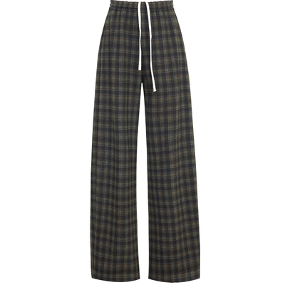 夏莫卡撞色松紧腰咖色格子阔腿裤