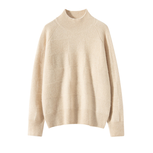 Z.M.R 棋盘格纹理 100%baby小山羊绒衫女半高圆领针织衫打底毛衣