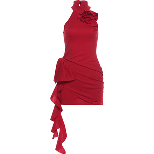 #Sisjuly#罗曼蒂克明艳性感 立体玫瑰装饰不规则褶皱挂脖连衣裙女