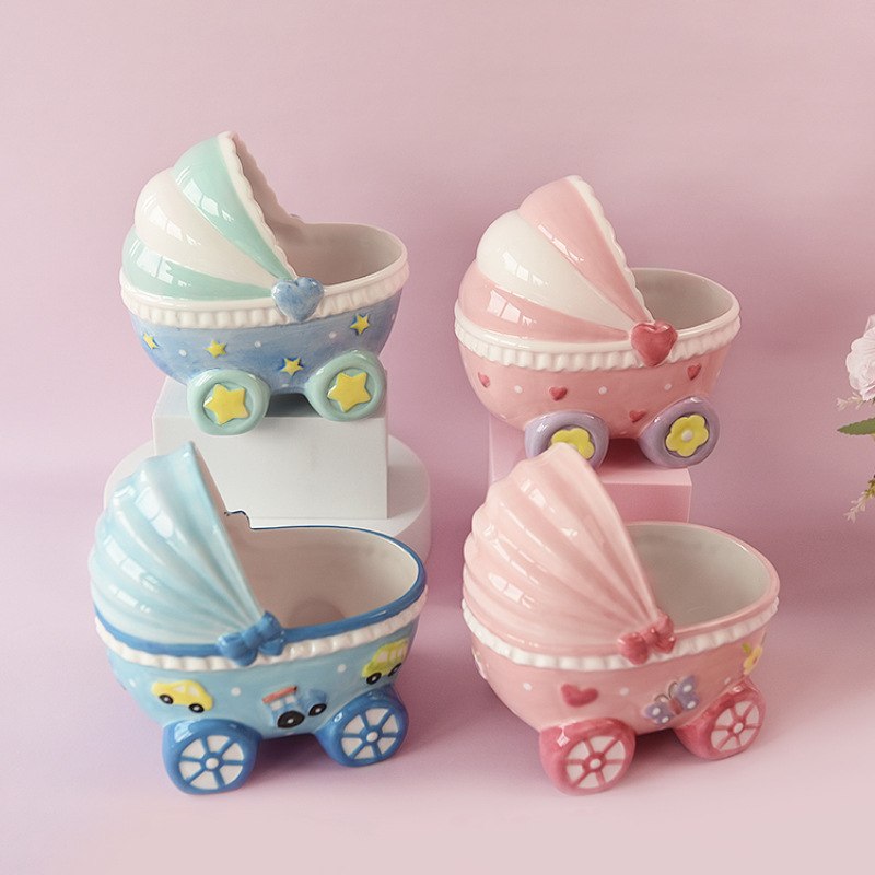 创意陶瓷婴儿车摆件桌面首饰宠物用品装饰小号金丝熊收纳盒仓鼠可