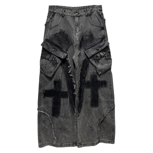 Miub美式街头废土风泼墨毛边宽松牛仔裤男女Y2k手绘涂鸦阔腿长裤