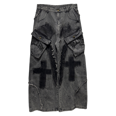 Miub街头废土毛边手绘宽松牛仔裤