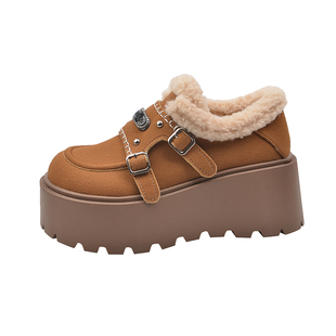 皮毛一体增高雪地棉鞋女冬季加绒加厚2025新款保暖面包厚底勃肯鞋