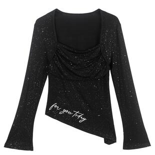 KEIKO 性感法式黑色方领上衣女26春季内搭外穿不规则修身长袖T恤