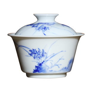 景德镇小桥窑盖碗主人杯张彩云亲工青花空谷幽兰泡茶碗干泡盘茶具