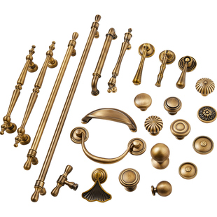 古铜色法式黄铜拉手中古风中式衣柜门橱柜厨房抽屉贝壳仿古长把手