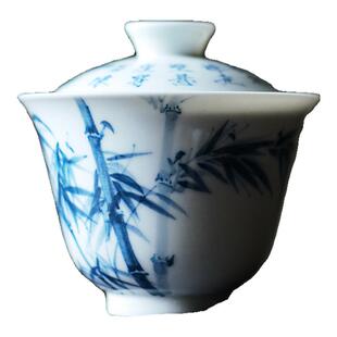 七月长陶瓷盖碗手绘青花墨竹诗文泡茶碗 复古茶具 景德镇弥云斋