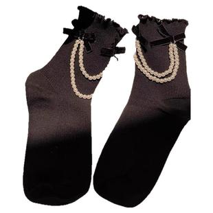 黑白色中筒袜女子女款秋冬ins潮珍珠蝴蝶结可爱花边jk洛丽塔长袜