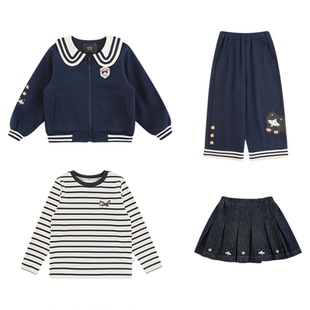 幼悠 女童海军学院套装春秋百搭条纹T恤云柔双面直筒裤翻领棒球服