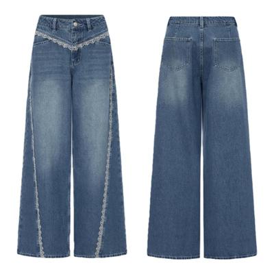 阔腿蕾丝牛仔裤春夏新品