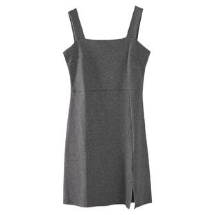 夏季新款纯白开叉方领背心连衣裙中长款纯色修身显瘦侧拉链裙子女