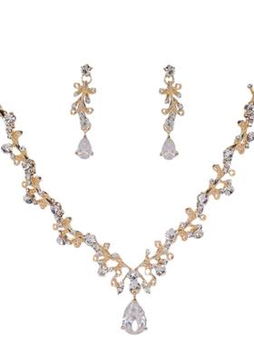 金色叶子水滴钻新娘结婚项链耳环