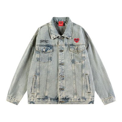 查尔斯桃心美式复古牛仔夹克男