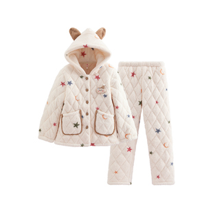 芬腾女士冬季三层加厚夹棉珊瑚绒连帽睡衣加绒法兰绒抗静电家居服