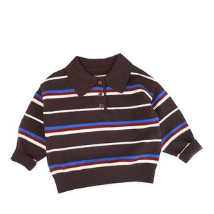 韩系慵懒风~儿童复古条纹撞色POLO衫男女童秋冬休闲童装针织毛衣
