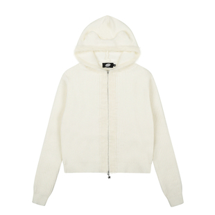 Amoeba原创可爱毛绒耳朵连帽短款针织衫毛衣外套女秋冬休闲开衫