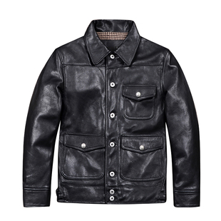 美式复古真皮皮衣1.2mm蜡染无涂山羊皮夹克三兜农场主纯皮外套男