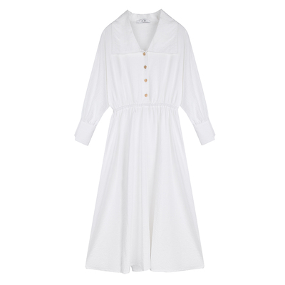 港姐白色春秋收腰复古风新款长裙