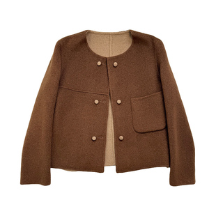 紫色双面呢短款外套女春秋季2026新款圆领双排扣宽松显瘦气质上衣