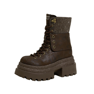 厚底粗跟水钻英伦风冬加绒马丁靴