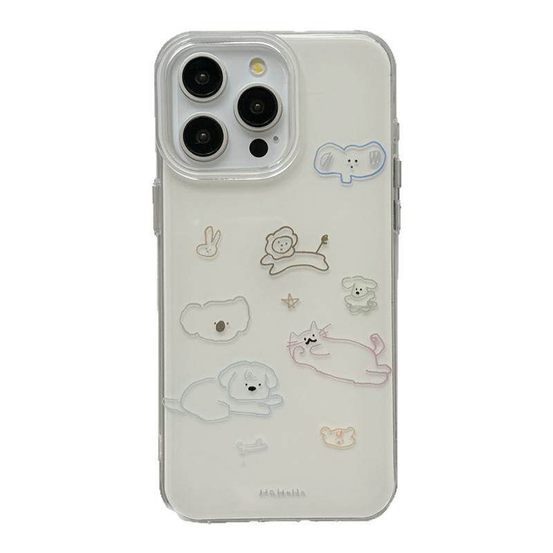 韩风简约白色可爱小动物涂鸦适用苹果15手机壳iphone16promax新款15pro防摔13带挂绳女款12双层14pro全包软壳
