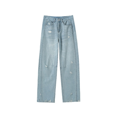 美式高街破洞牛仔裤直筒阔腿裤