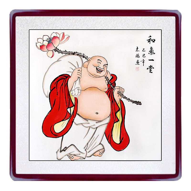 风水网红招财弥勒佛菩萨手绘画像斗方入户玄关客厅沙发挂装饰背景
