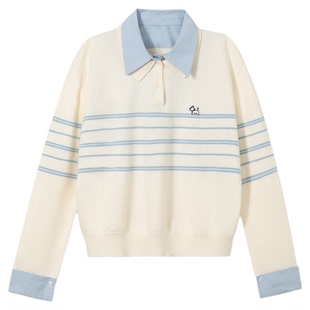 PSO Brand女装可爱假两件条纹长袖polo领针织衫慵懒松弛感毛线衣