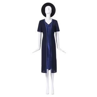 LIANGNUO靓诺V领假两件连衣裙女通勤减龄短袖长裙夏季LL20248A