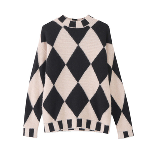 秋冬新款撞色菱形100%羊毛衫女半高领毛衣宽松羊绒衫针织打底上衣