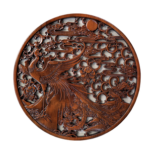 东阳木雕挂件圆形实木龙雕刻凤凰牡丹客厅玄关背景墙茶楼中式装饰