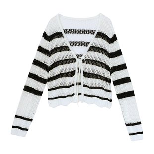 it'real瑞尔法式复古镂空条纹针织开衫女外搭罩衫外套