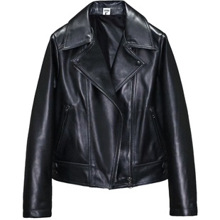 头层绵羊真皮皮衣女微廓直筒休闲宽松短款青年简约机车夹克外套舌