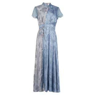 吉祥衣家新中式国风桑蚕丝裙子修身显瘦女装碧落红雨连衣裙女夏