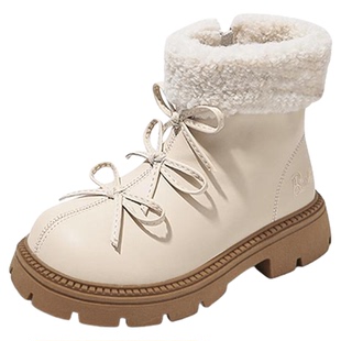 芭比童鞋女童靴子2025新款冬季加绒二棉鞋小女孩公主皮靴儿童棉靴