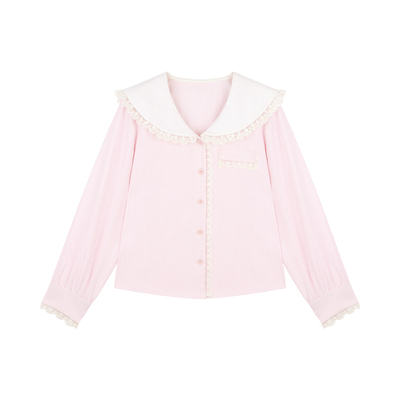 Amybaby女童套装夏季2026新款甜美学院海军领花边条纹上衣半身裙