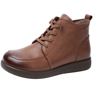 百田森2025秋冬新款棕色小跟短靴女真皮软底加绒加厚英伦风小皮鞋