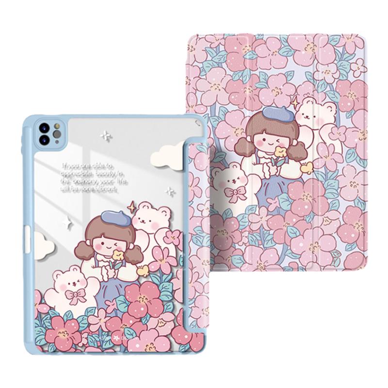 花丛女孩适用苹果Air5保护套iPad亚克力mini6卡通透明2022新款三折式ipadpro11英寸2021防摔10.9寸防弯平板壳