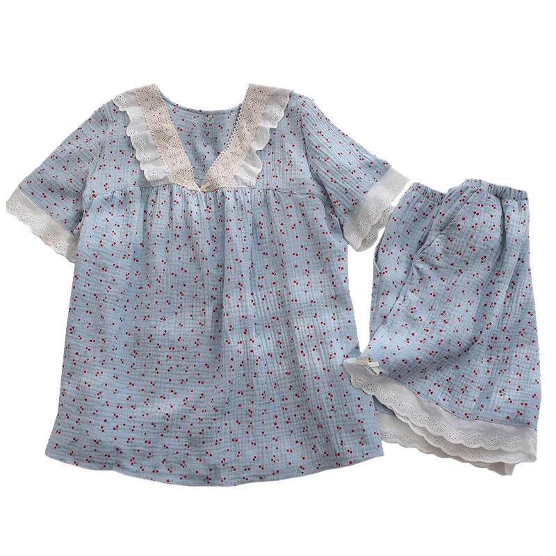 睡衣女夏短袖短裤薄款纱布纯棉睡衣套头v领蕾丝家居服两件套 SS01