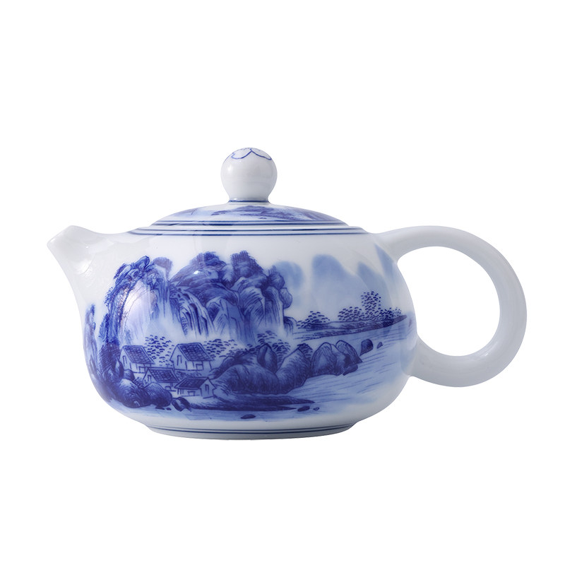 青花山水缠枝莲陶瓷茶壶