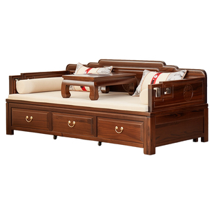 新中式罗汉床推拉床储物老榆木可伸缩沙发床实木仿古禅意床榻榫卯