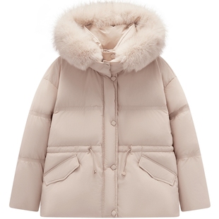 爱居兔毛领连帽短款羽绒服女2025年冬季新款粉色宽松收腰保暖外套