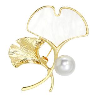 夏季时尚贝壳银杏叶胸针高档女气质珍珠防走光扣别针奢华西装配饰