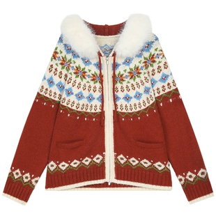妖精的口袋大毛领费尔岛提花红色毛衣女2026年冬季新款开衫外套