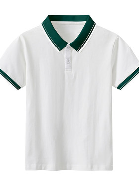 24男女童短袖polo衫班服墨绿翻领白边夏季小学生校服中大童T恤