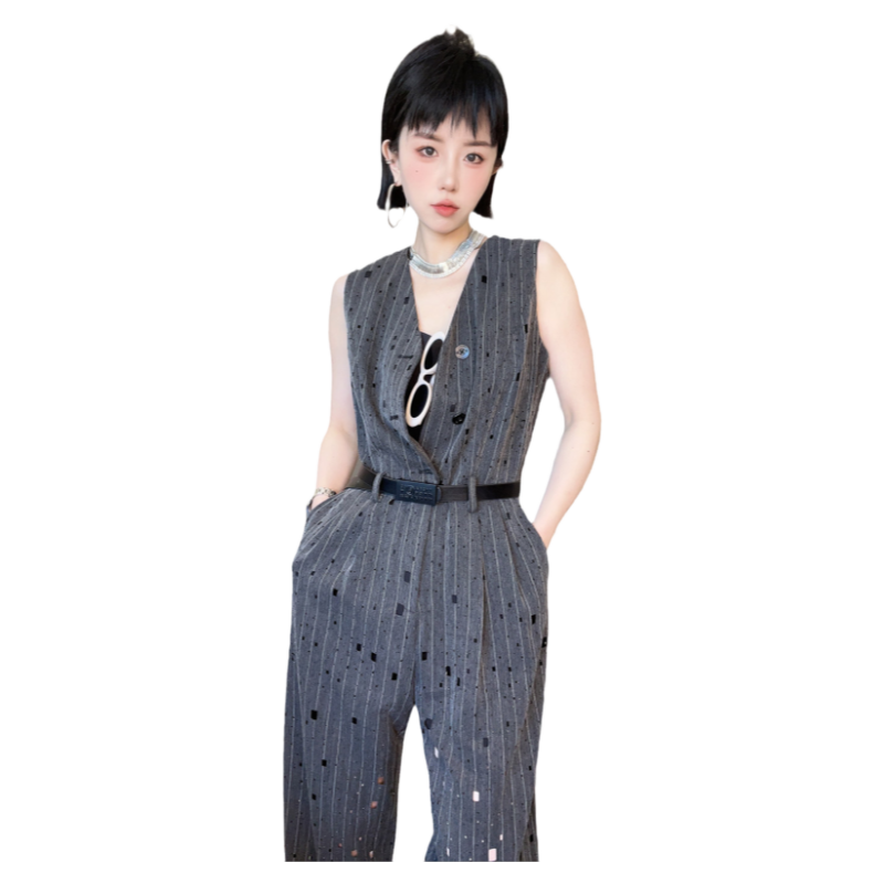 （特价）条纹连体裤女2024夏季新款重工亮片V领无袖阔腿裤长裤