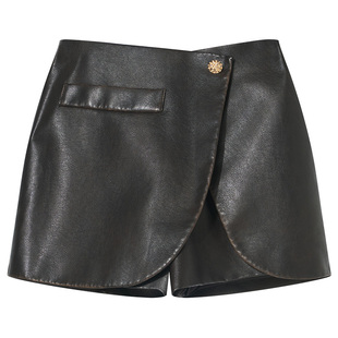 Goodland美地女装复古擦色花苞PU皮裙裤短款2025秋新款LC35320050